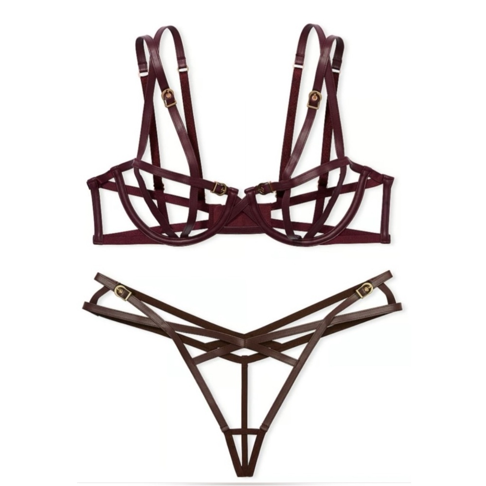 Very Sexy Faux Leather Open-Cup Balconette Bra & high leg thong panty set large